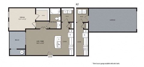 Floor plan for 1 bed, 1 bath, 729 sqft