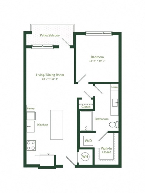 Floor plan for 1 bed, 1 bath, 700 sqft