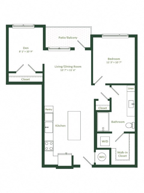Floor plan for 1 bed, 1 bath, 827 sqft