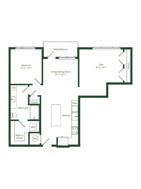 Floor plan for 1 bed, 1 bath, 925 sqft