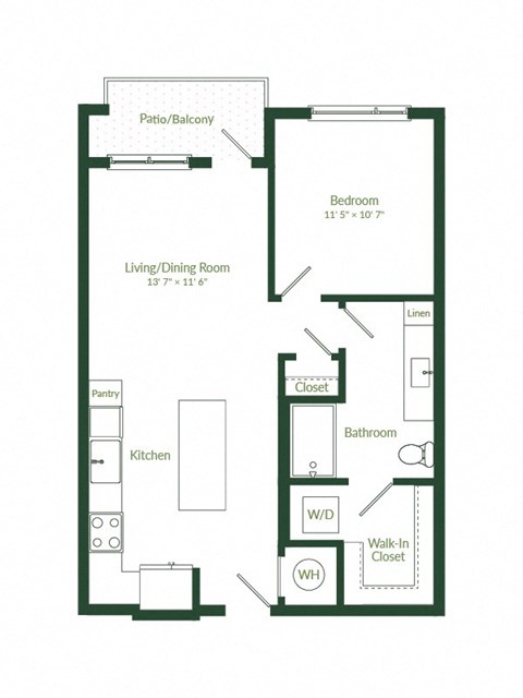 Floor plan for 1 bed, 1 bath, 723 sqft