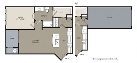 Floor plan for 1 bed, 1 bath, 784 sqft