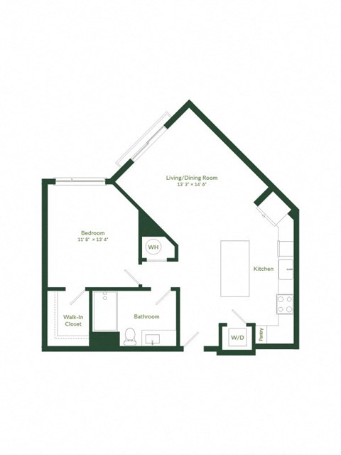 Floor plan for 1 bed, 1 bath, 781 sqft