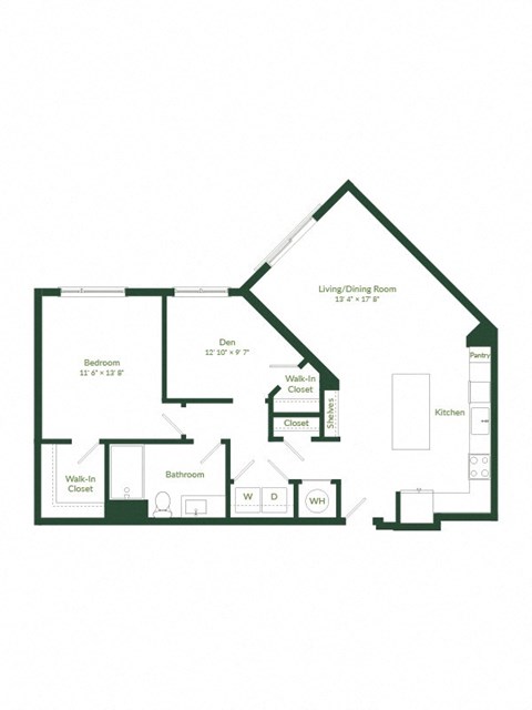 Floor plan for 1 bed, 1 bath, 959 sqft