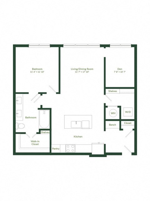 Floor plan for 1 bed, 1 bath, 881 sqft