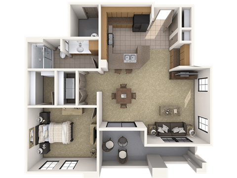 Floor plan for 1 bed, 1 bath, 848 sqft