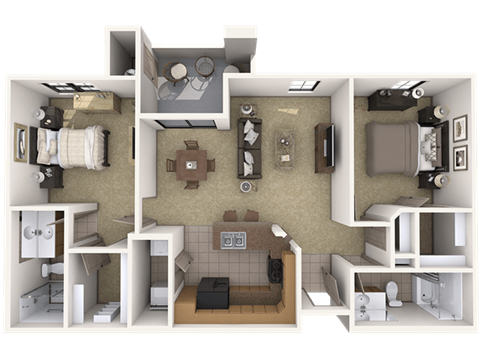 Floor plan for 2 beds, 2 baths, 1027 sqft