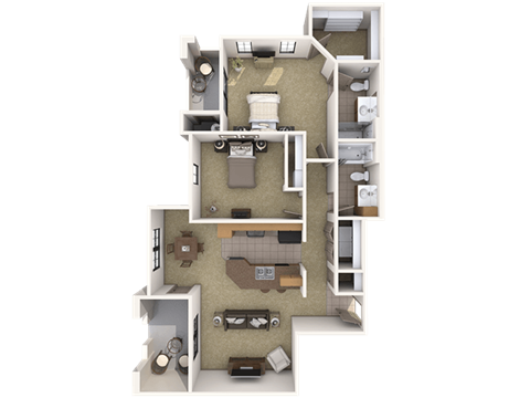 Floor plan for 2 beds, 2 baths, 1140 sqft