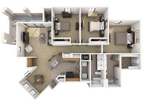 Floor plan for 3 beds, 2 baths, 1374 sqft
