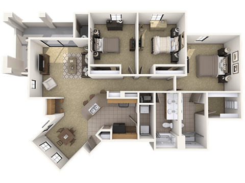 Floor plan for 3 beds, 2 baths, 1483 sqft
