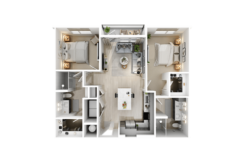 Floor plan for 2 beds, 2 baths, 1051 sqft