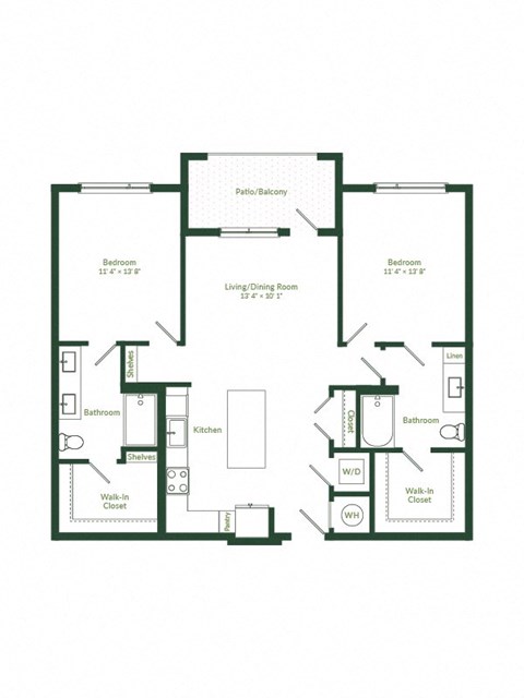 Floor plan for 2 beds, 2 baths, 1154 sqft