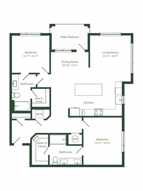 Floor plan for 2 beds, 2 baths, 1298 sqft