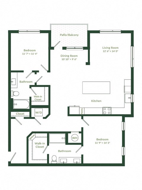 Floor plan for 2 beds, 2 baths, 1337 sqft