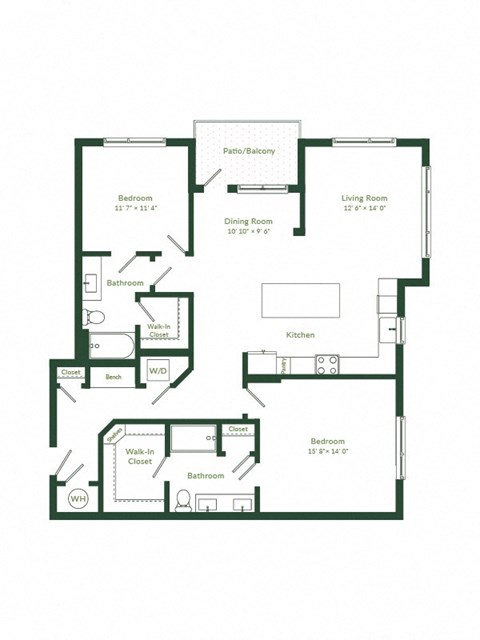 Floor plan for 2 beds, 2 baths, 1383 sqft