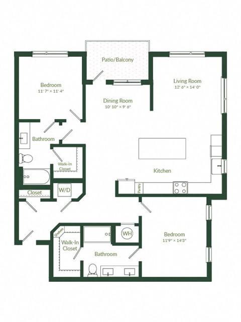 Floor plan for 2 beds, 2 baths, 1323 sqft