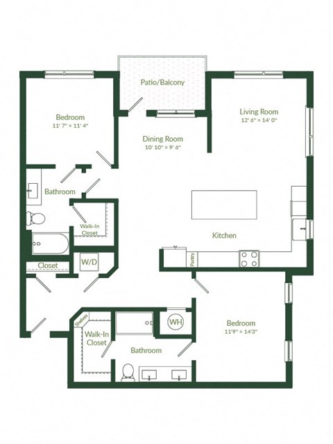Floor plan for 2 beds, 2 baths, 1383 sqft