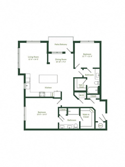 Floor plan for 2 beds, 2 baths, 1370 sqft