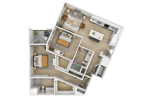 Floor plan for 2 beds, 2 baths, 1327 sqft