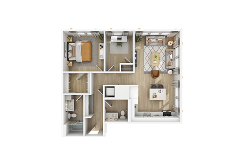Floor plan for 1 bed, 1.5 baths, 973 sqft