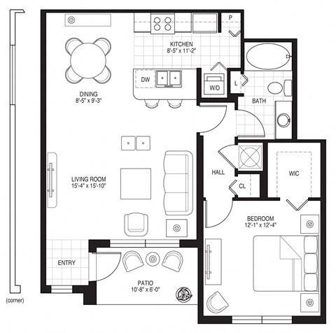 Floor plan for 1 bed, 1 bath, 805 sqft