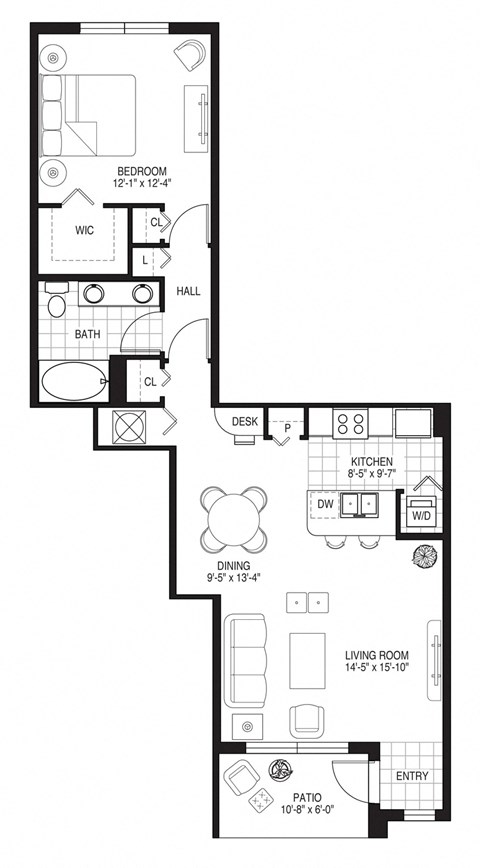 Floor plan for 1 bed, 1 bath, 859 sqft