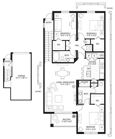 Floor plan for 3 beds, 2 baths, 1394 sqft