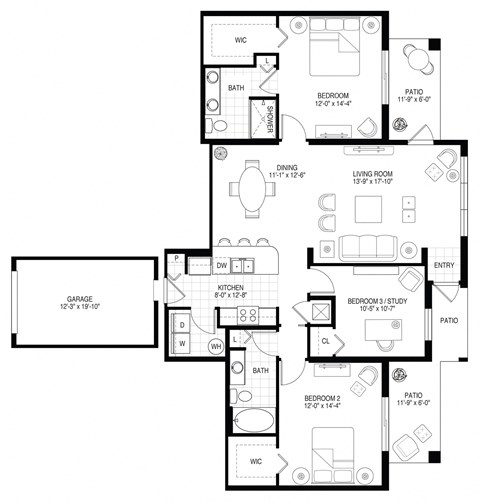Floor plan for 3 beds, 2 baths, 1409 sqft