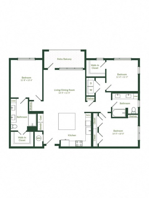 Floor plan for 3 beds, 2 baths, 1432 sqft