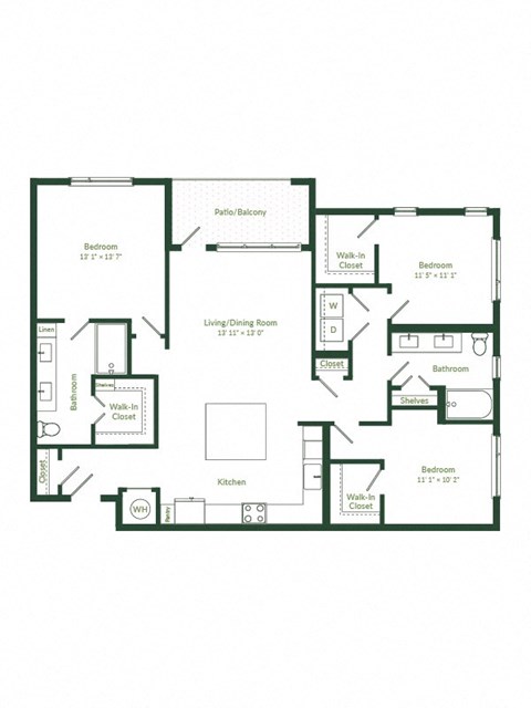Floor plan for 3 beds, 2 baths, 1457 sqft