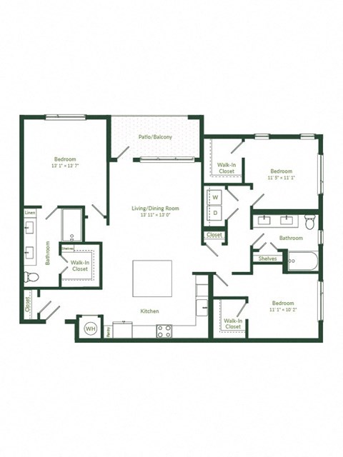 Floor plan for 3 beds, 2 baths, 1482 sqft