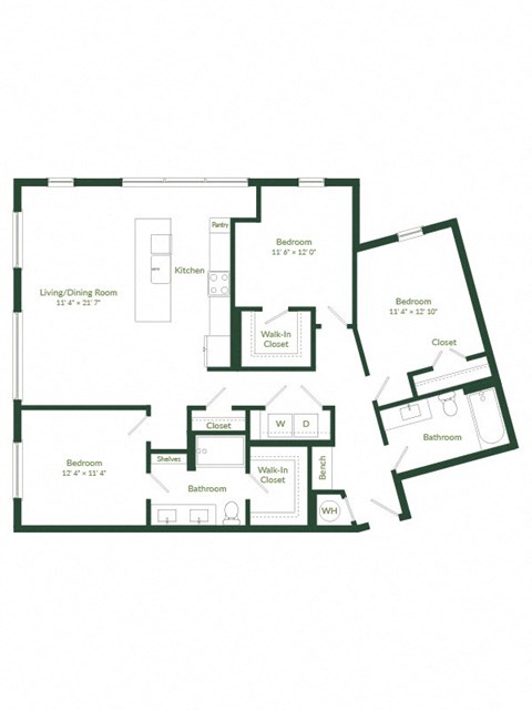 Floor plan for 3 beds, 2 baths, 1468 sqft