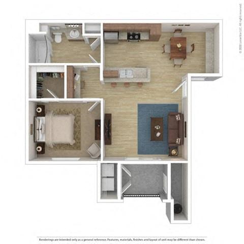 Floor plan for 1 bed, 1 bath, 734 sqft