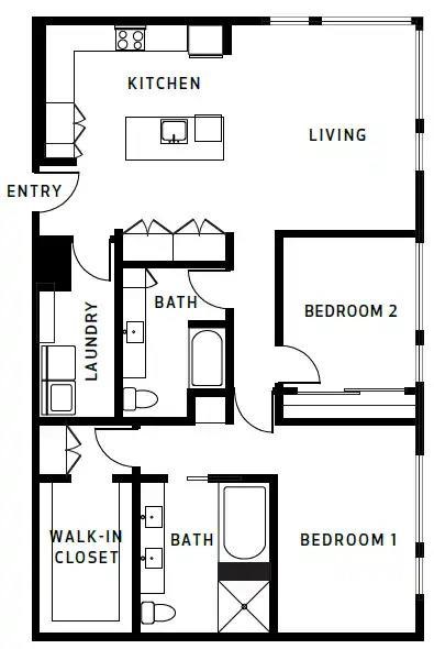 Floor plan for 2 beds, 2 baths, 1374 sqft
