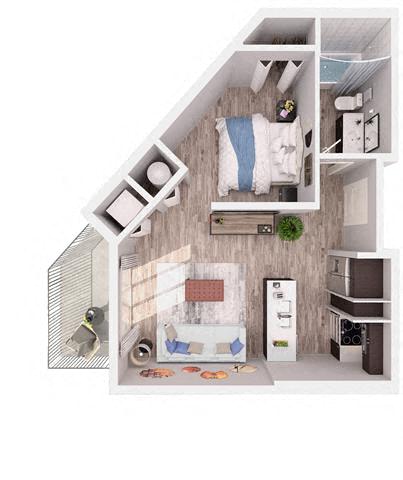 Floor plan for studio, 1 bath, 553 sqft