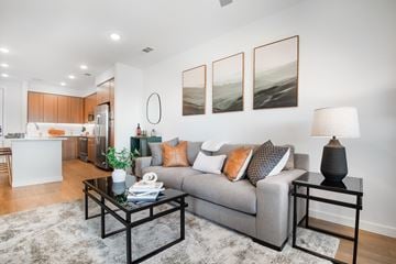 Centennial apartment for rent - A modern living room with a grey couch, a black coffee table, and a large painting on the wall.