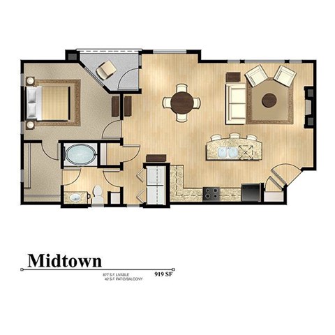 Floor plan for 1 bed, 1 bath, 877 sqft