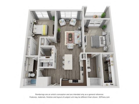 Floor plan for 2 beds, 2 baths, 1265 sqft