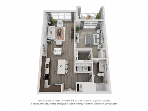 Floor plan for 1 bed, 1 bath, 880 sqft