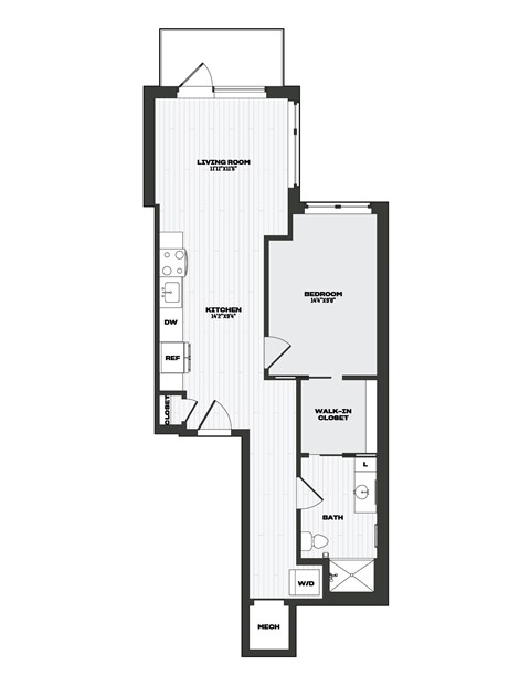 Floor plan for 1 bed, 1 bath, 800 sqft