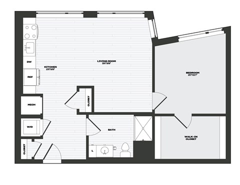 Floor plan for 1 bed, 1 bath, 811 sqft