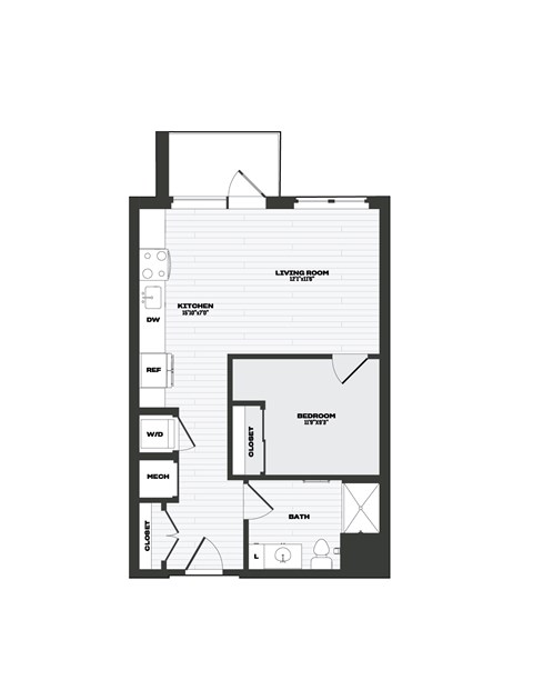Floor plan for 1 bed, 1 bath, 600 sqft