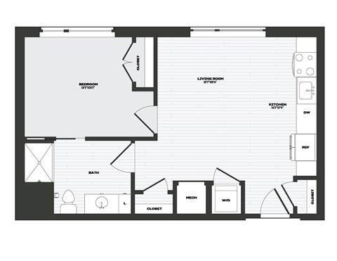 Floor plan for 1 bed, 1 bath, 600 sqft