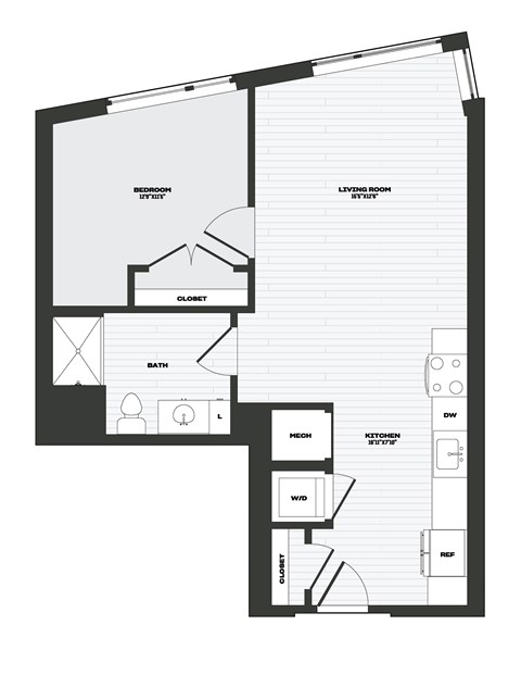 Floor plan for 1 bed, 1 bath, 694 sqft