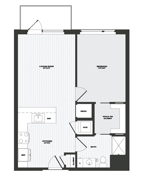 Floor plan for 1 bed, 1 bath, 721 sqft