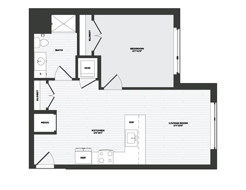 Floor plan for 1 bed, 1 bath, 730 sqft