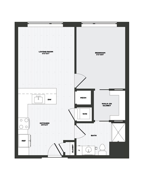 Floor plan for 1 bed, 1 bath, 738 sqft