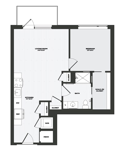 Floor plan for 1 bed, 1 bath, 746 sqft
