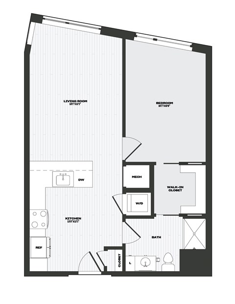 Floor plan for 1 bed, 1 bath, 765 sqft