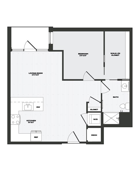 Floor plan for 1 bed, 1 bath, 798 sqft
